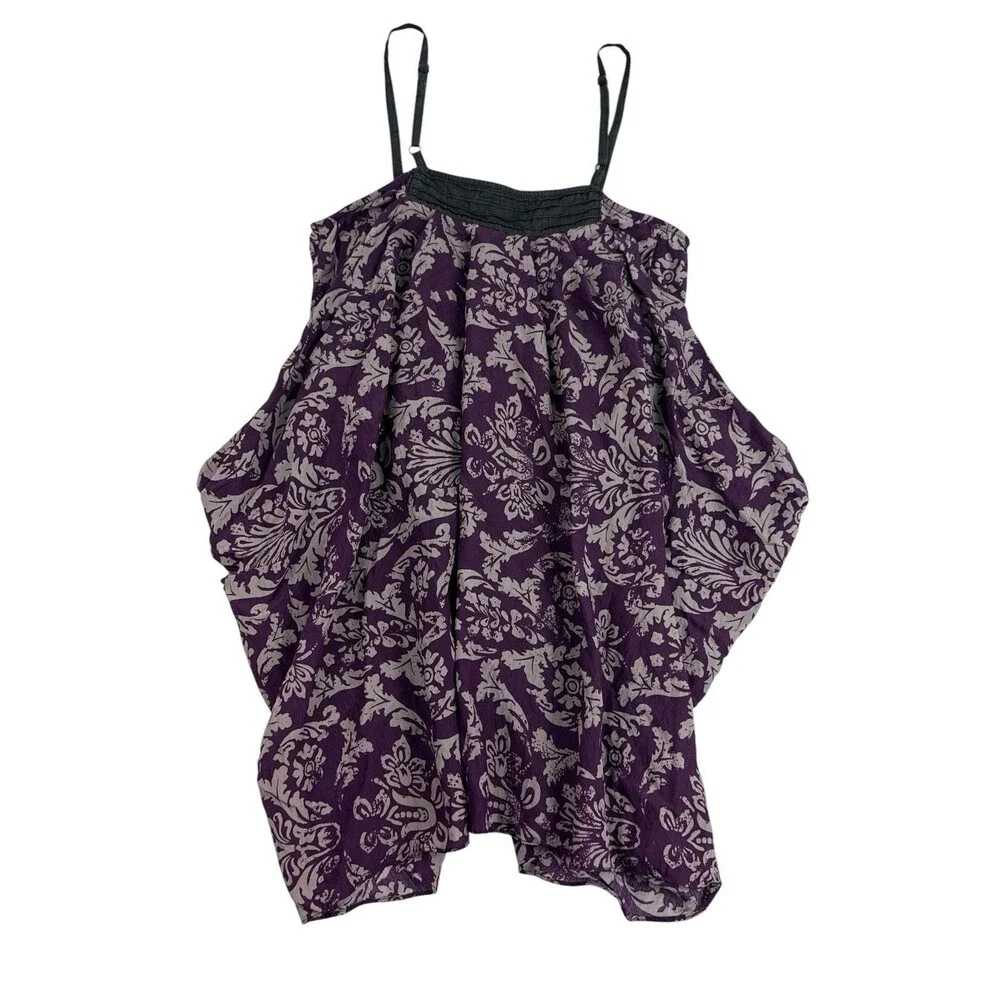 Kaitlyn Purple Floral Handkerchief Hem Cold Shoulder Zip Front Top Size S